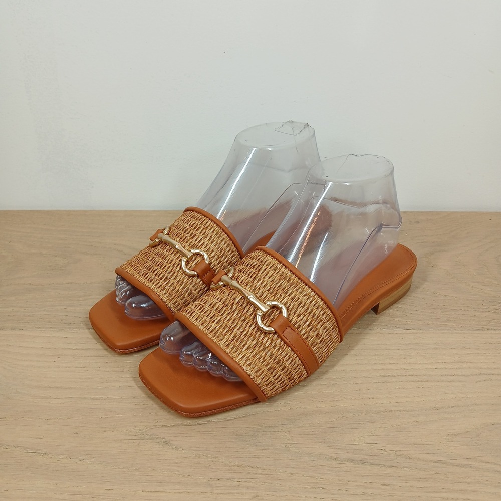 J.McLaughlin Luiza Sandals Women 7 Tan Leather Raffia Horsebit Slide Coastal